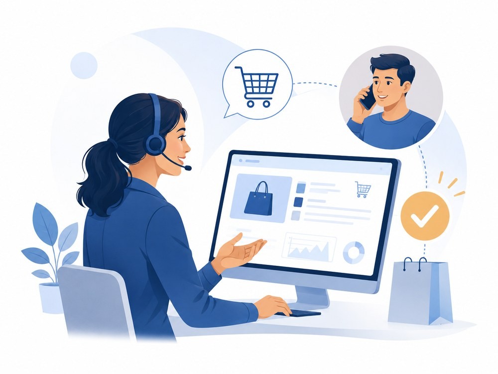 Operatrice di customer service che assiste al telefono un cliente durante la conclusione di un ordine online